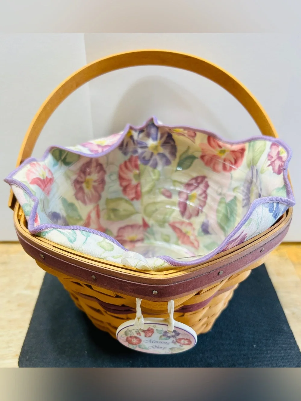 Longaberger basket, 2000 May series morning glory. Hard & fabric liners.